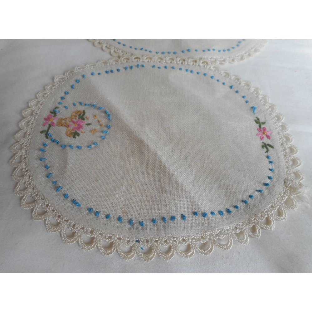 Set 2 Vintage blue pink Floral handmade embroidered Dresser scarf runner doily - Picture 2 of 5